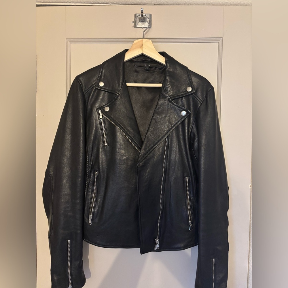 DSTLD Size L black leather moto with silver hardware.